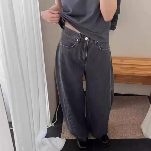 高腰做旧水洗弯刀牛仔裤女休闲裤