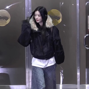 代工厂!韩国FANCY CLUB25冬季Minju同款连帽厚外套毛领夹克棉服