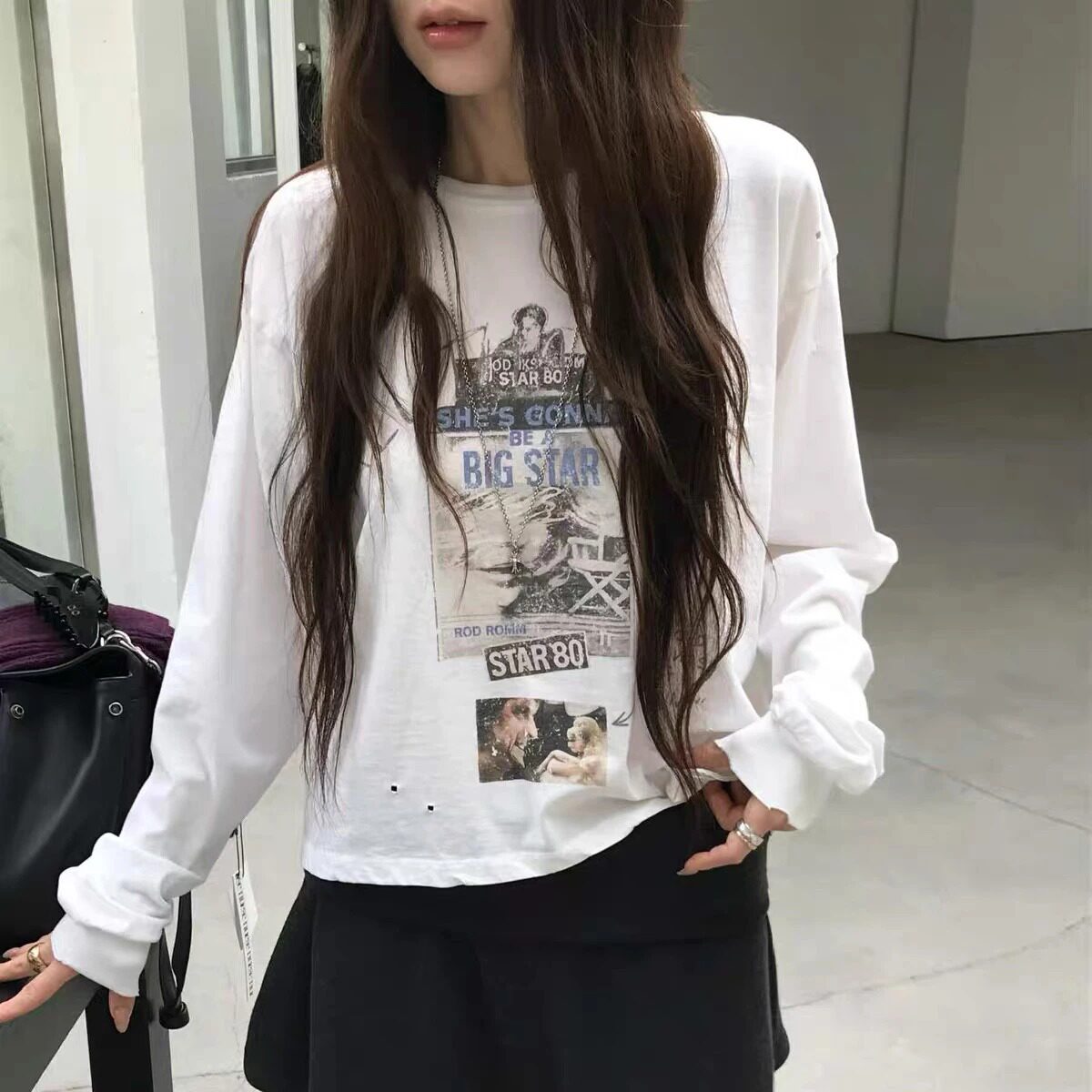 高品质！NUESE韩国2026秋季美式印花做旧破洞长袖T恤宽松显瘦上衣