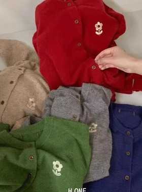 高品质！HONE韩国25秋新款百搭慵懒感花朵刺绣针织衫开衫羊毛毛衣