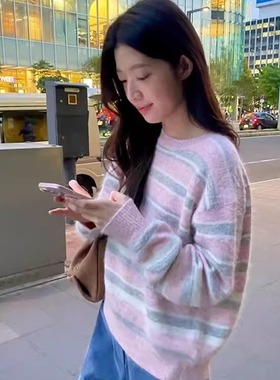 代工厂！韩国erume2025冬季韩系百搭条纹套头圆领羊驼毛针织衫女