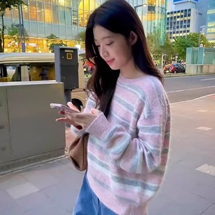 代工厂!韩国erume2025冬季韩系百搭条纹套头圆领羊驼毛针织衫女