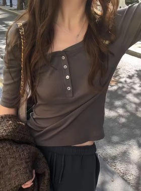 源头工厂！vegetable韩国东大门25秋季新款半系扣修身七分袖T恤女