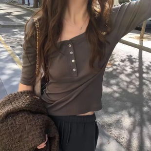 源头工厂!vegetable韩国东大门25秋季新款半系扣修身七分袖T恤女