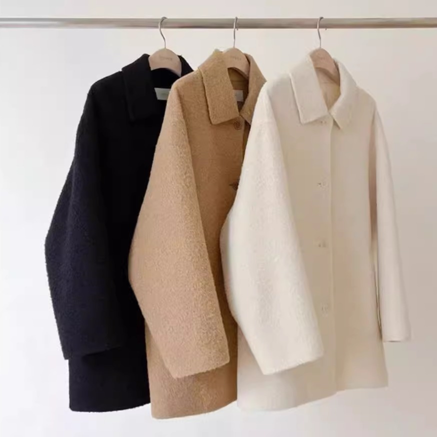韩系羊毛苏丽翻领单排扣大衣外套