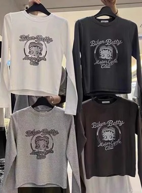 高品质！credito韩国2025秋季修身显瘦贝蒂印花上衣女显瘦圆领T恤