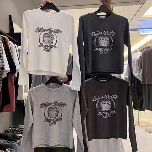 韩系贝蒂印花上衣女显瘦圆领T恤