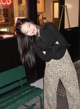 天花板！韩国ORDES金智妮jennie同款秋季新款豹纹直筒休闲长裤女