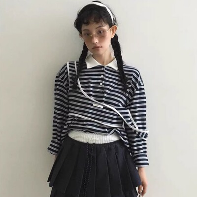 条纹叠穿背心女长袖T恤两件套女