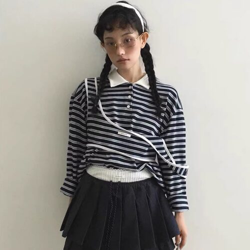 条纹叠穿背心女长袖T恤两件套女