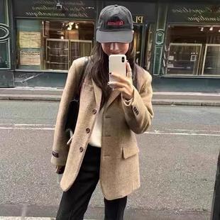 高品质！韩国东大门UNDERSON同款2025春季复古人字纹呢子羊毛西装