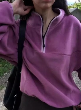 代工厂！BREATHE韩国25冬季半拉链刺绣摇粒绒卫衣女加绒保暖外套