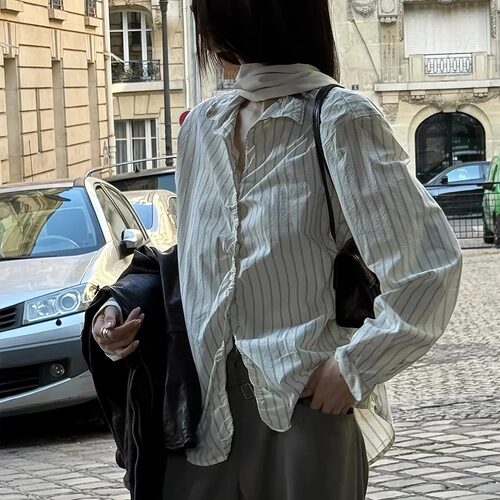 秋季法式复古条纹衬衫女宽松上衣