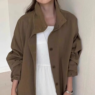 代工厂！韩国overtake25秋新款宽松休闲百搭立领外套女风衣中长款