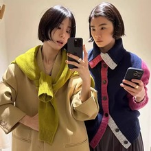 源头工厂！韩国MOONDAL25秋冬不对称拼接撞色毛衣女开衫高领外套