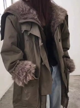 代工厂！breathe韩国25冬季大翻领抽绳皮草派克服女保暖棉服外套