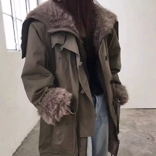 代工厂!breathe韩国25冬季大翻领抽绳皮草派克服女保暖棉服外套