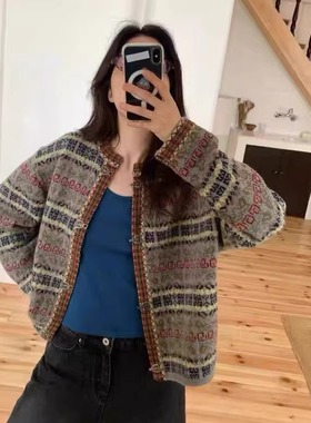 源头工厂！FURE韩国2025秋冬重工系扣费尔岛毛衣外套女复古针织衫