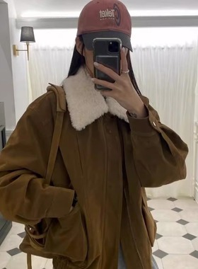 天花板！ETER韩国冬季2025新款麂皮绒羊羔毛领棉衣女口袋夹克外套