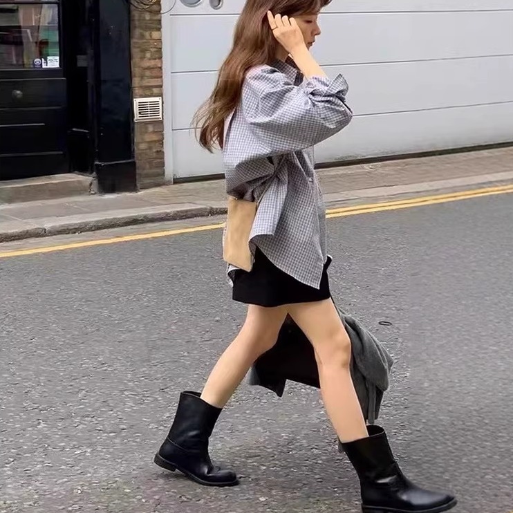 头层牛皮圆头粗跟短靴切尔马丁靴