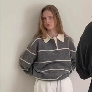 代工厂！gabrielle韩国东大门2025秋冬polo针织衫女撞色条纹毛衣