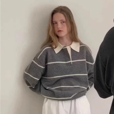 秋冬polo针织衫女撞色条纹毛衣