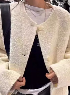 天花板！tug韩国2025秋冬百搭简约圆领双面毛呢大衣女羊驼毛外套