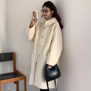 羊驼毛保暖连帽大衣女双面羊绒外套 新款 天花板 韩国egg2025冬季