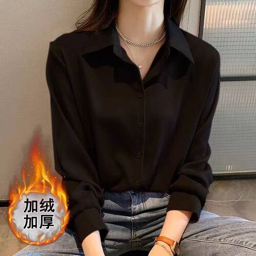 加绒加厚设计感衬衣秋冬大码加绒保暖韩版黑色翻领长袖衬衫上衣潮