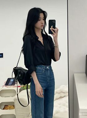 小个子衬衫女2025春秋新款韩版宽松显瘦打底衫黑色职业OL百搭上衣