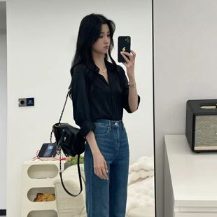 黑色职业OL百搭上衣 小个子衬衫 女2025春秋新款 韩版 宽松显瘦打底衫