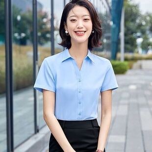 蓝色短袖衬衫女夏装职业商务酒店前台工作服通勤免烫工装衬衣套装