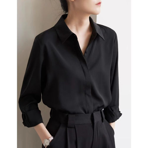 气质黑色雪纺衬衫早秋法式通勤长袖衬衫女士职业质感正肩衬衣上衣