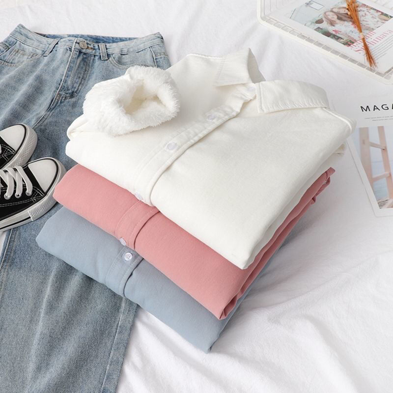 纯色加厚保暖衬衣女2024秋冬季韩版宽松文艺加绒打底洋气衬衫上衣