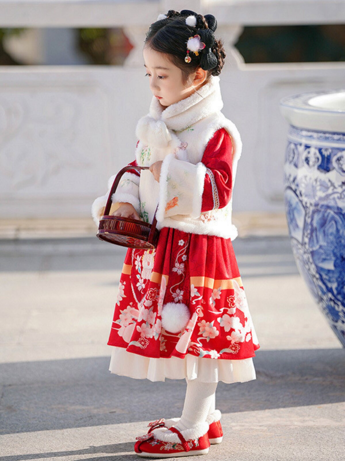 여자 수 놓은 중국 스타일 XIAOLONG HANFU 정장 어린이 붉은 축제 새해 인사 정장 플러스 벨벳 두꺼운 HANFU 스커트 겨울