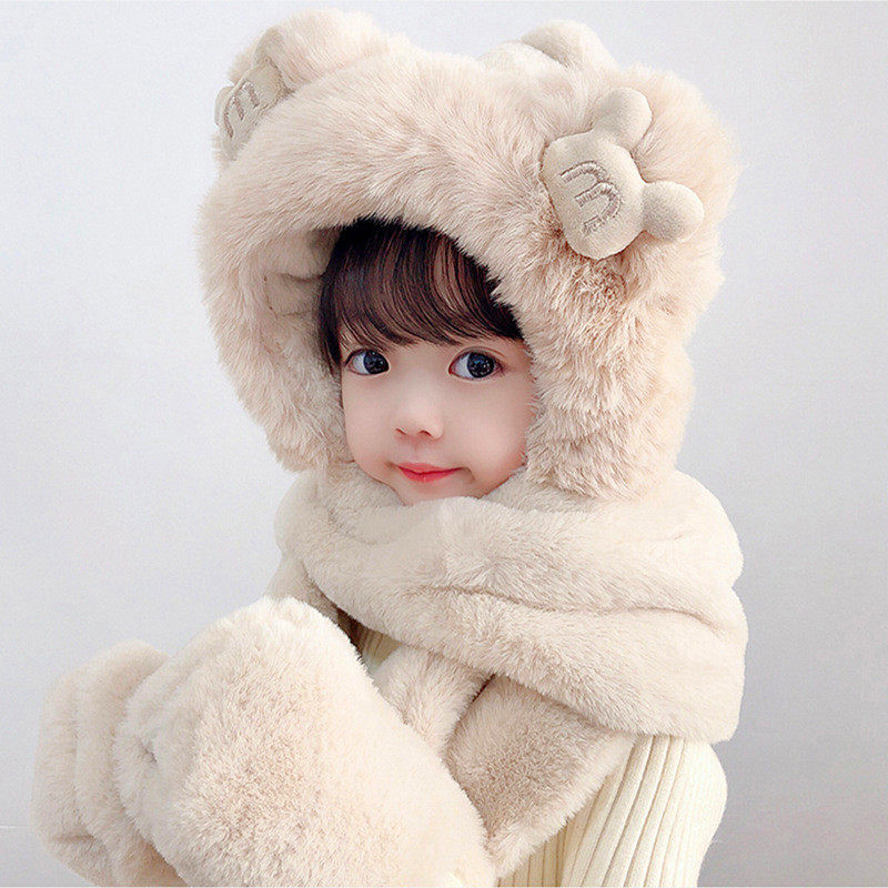 新款女童宝宝时尚儿童看雪帽子围巾耳朵儿童帽子围巾一体3二4岁