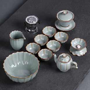 柏韵汝窑功夫茶具套装家用汝瓷三才盖碗茶碗茶杯冰裂釉高档泡茶器
