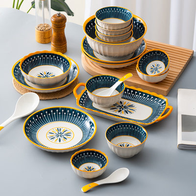 绚丽多彩陶瓷碗碟套装家用日式餐具轻奢北欧碗盘汤碗餐盘菜盘组合
