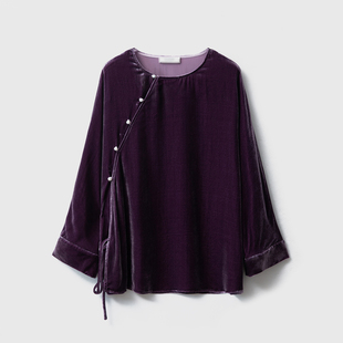 一丝牵圆领珍珠扣国风斜门襟真丝丝绒系带长袖 上衣宽松显瘦桑蚕丝