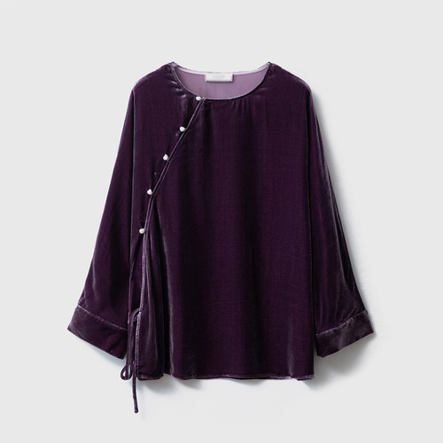 一丝牵圆领珍珠扣国风斜门襟真丝丝绒系带长袖上衣宽松显瘦桑蚕丝