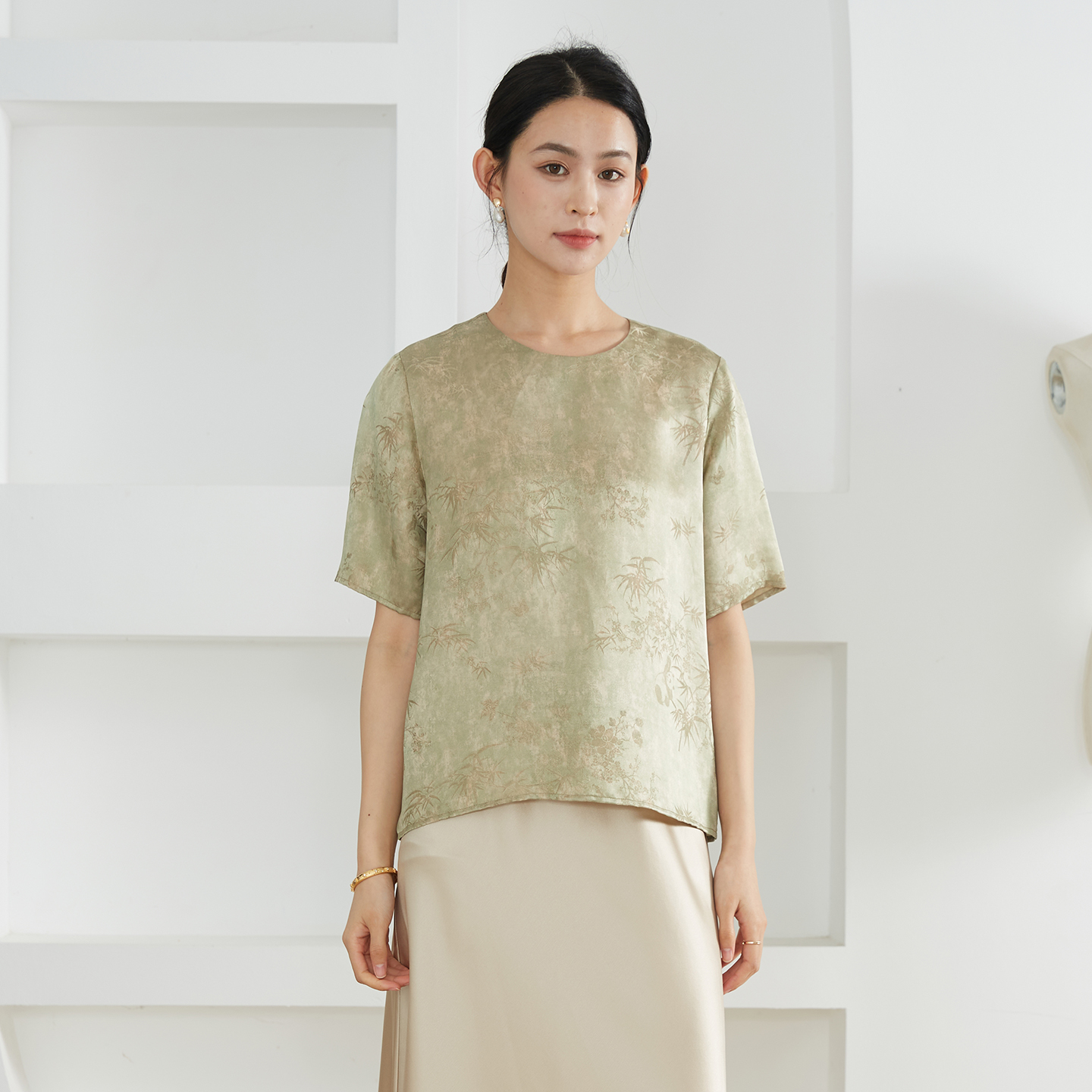 现货 绿色晕染新中式真丝提花T恤女桑蚕丝短袖上衣宽松显瘦小衫夏