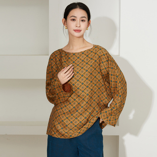 SILVIYE溯也 女 100%桑蚕丝香云纱花萝印花一字领真丝上衣宽松小衫