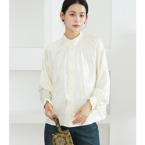 一丝牵  35姆米100%桑蚕丝重缎提花木耳边立领斜襟真丝国风衬衫秋