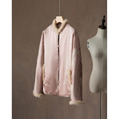 一丝牵填充100%桑蚕丝国风立领交织织金提花水貂毛真丝棉服外套女