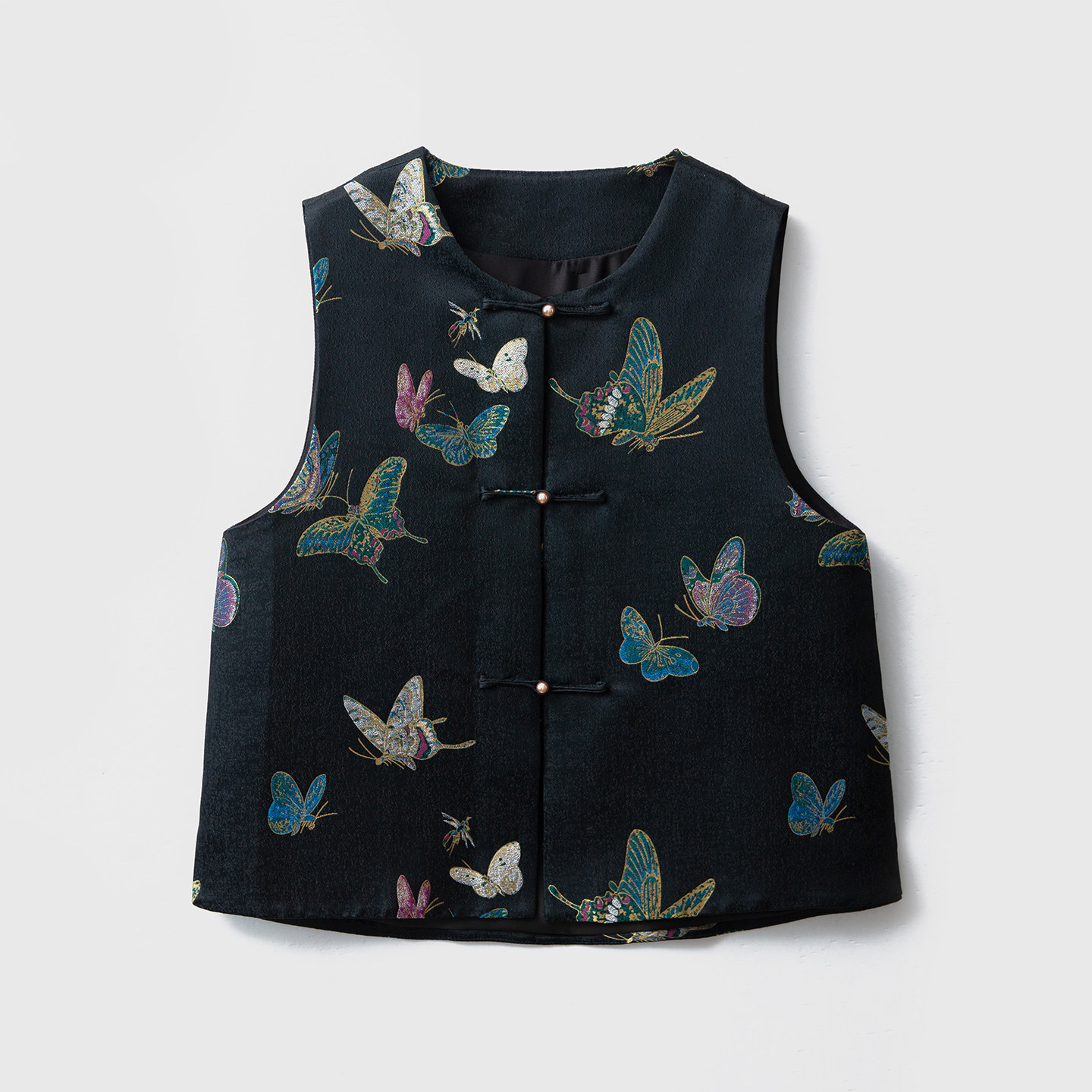 一丝牵100%桑蚕丝国风蜀锦盘扣真丝马甲女外穿V领无袖开衫上衣秋