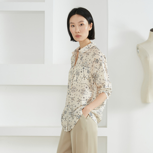 高定星星皱真丝印花长袖 女100%桑蚕丝宽松通勤衬衣百搭上衣春 衬衫
