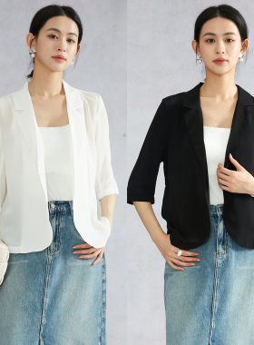 SILVIYE黑色白色真丝小西装外套女小个子七分袖桑蚕丝西服薄上衣