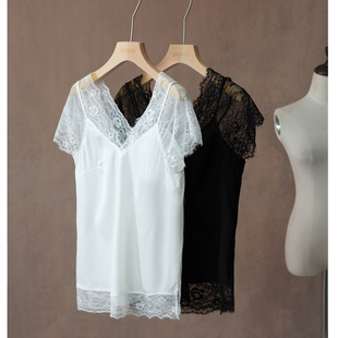 T恤女桑蚕丝百搭上衣打底衫 夏 蕾丝拼接假两件真丝提花缎短袖 高定