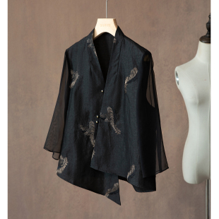 SILVIYE溯也 100%桑蚕丝香云纱龟裂纹拼接乔其纱真丝上衣外套女春