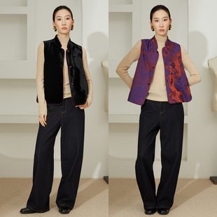 一丝牵双面穿100%桑蚕丝底布丝绒真丝马甲女国风立领背心开衫 外套